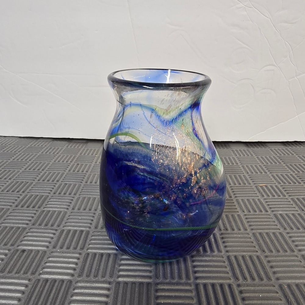 Gary Levay Signed Studio Art Glass Vase Blue Green Swirl Aventurine 1988 5 inch
